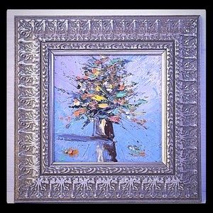 Oil Painting of Flower in Vase on Glass in Frame